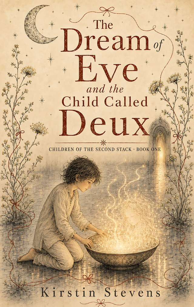 Cover of The Dream of Eve and the Child Called Deux: a child kneels beside a glowing bowl of light on a parchment background, beneath a crescent moon and a border of wildflowers threaded with red ribbon.