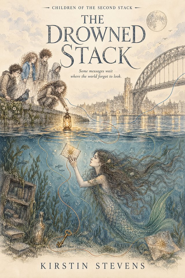 Cover of The Drowned Stack: children lean over a quayside wall on the Tyne at dusk, lowering a lantern towards the water, where a mermaid reaches up for a glowing letter among drowned bookshelves.