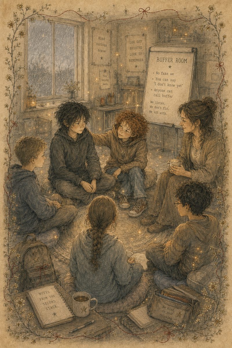 Illustration: pupils and a teacher sit in a circle on a classroom floor beside a flip-chart of Buffer Room rules — we listen, we don't fix, we sit with.