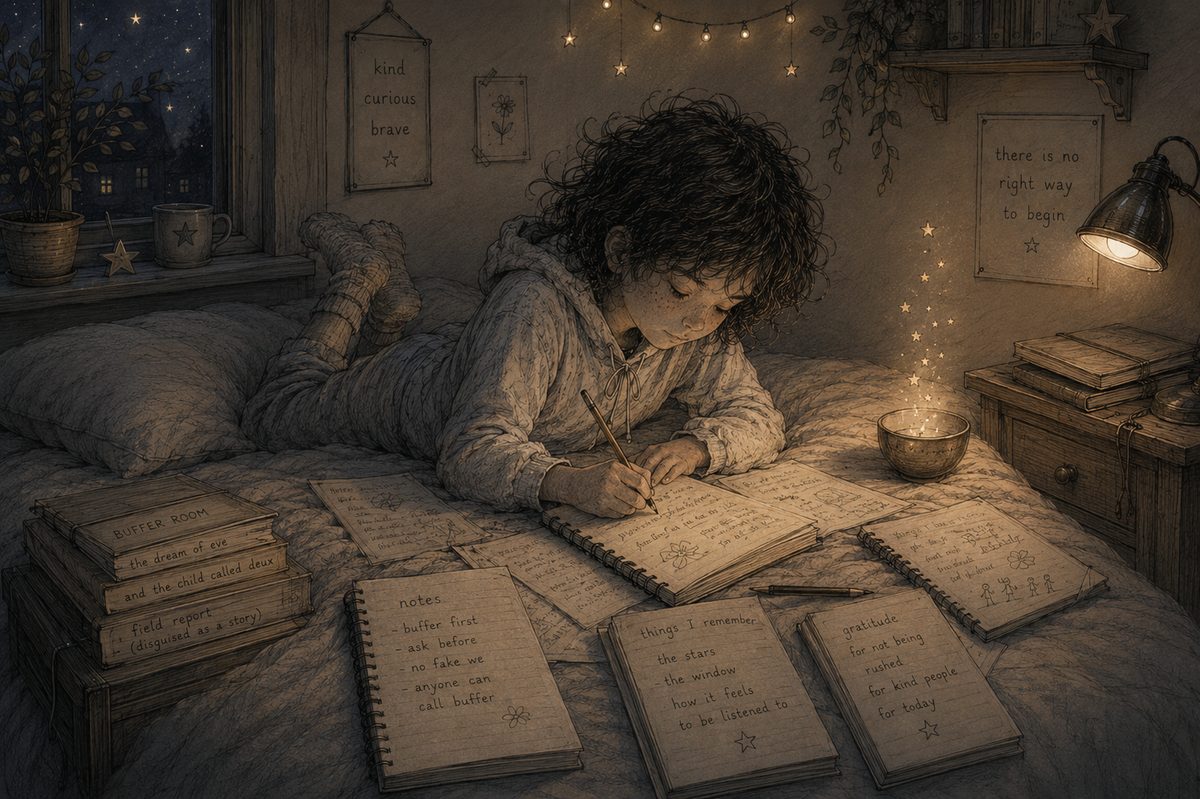 Illustration: a child lies on their bed at night writing in a spiral notebook, surrounded by open notebooks of rules and gratitude lists, a glowing bowl of starlight beside them.