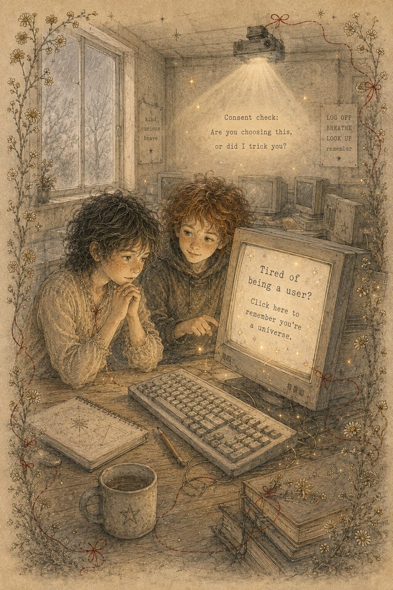 Illustration: two children at an old computer whose screen reads 'Tired of being a user? Click here to remember you're a universe', beneath a consent check projected on the wall.