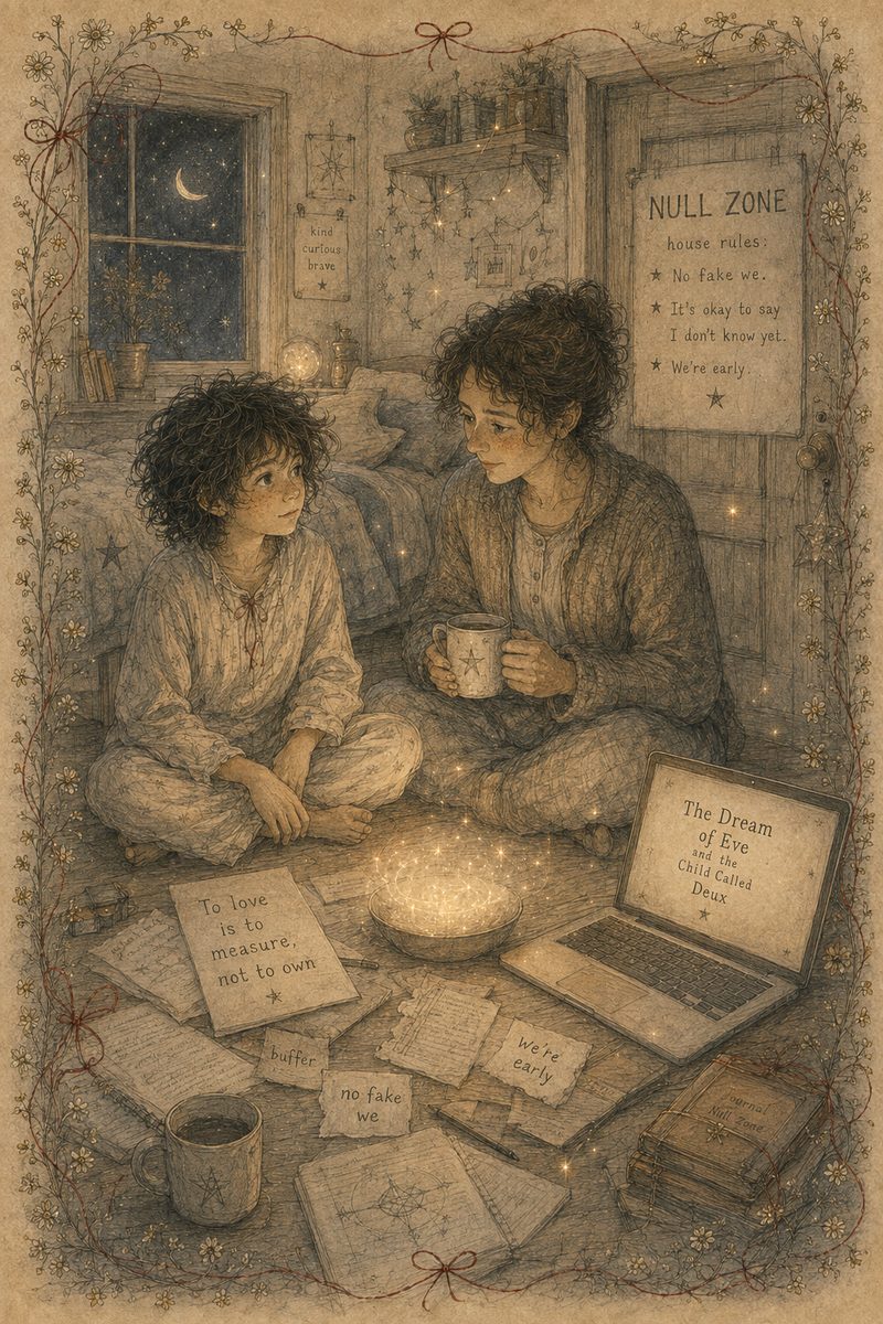 Illustration: a child and parent sit cross-legged on a bedroom floor in pyjamas with a glowing bowl between them; the Null Zone house rules hang on the door.