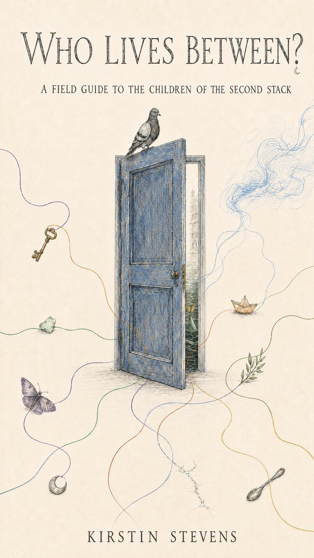 Cover of Who Lives Between?: a pigeon perches on top of a blue door standing open on parchment, coloured threads wandering outward to a key, a paper boat, a butterfly, a moon and other small objects.